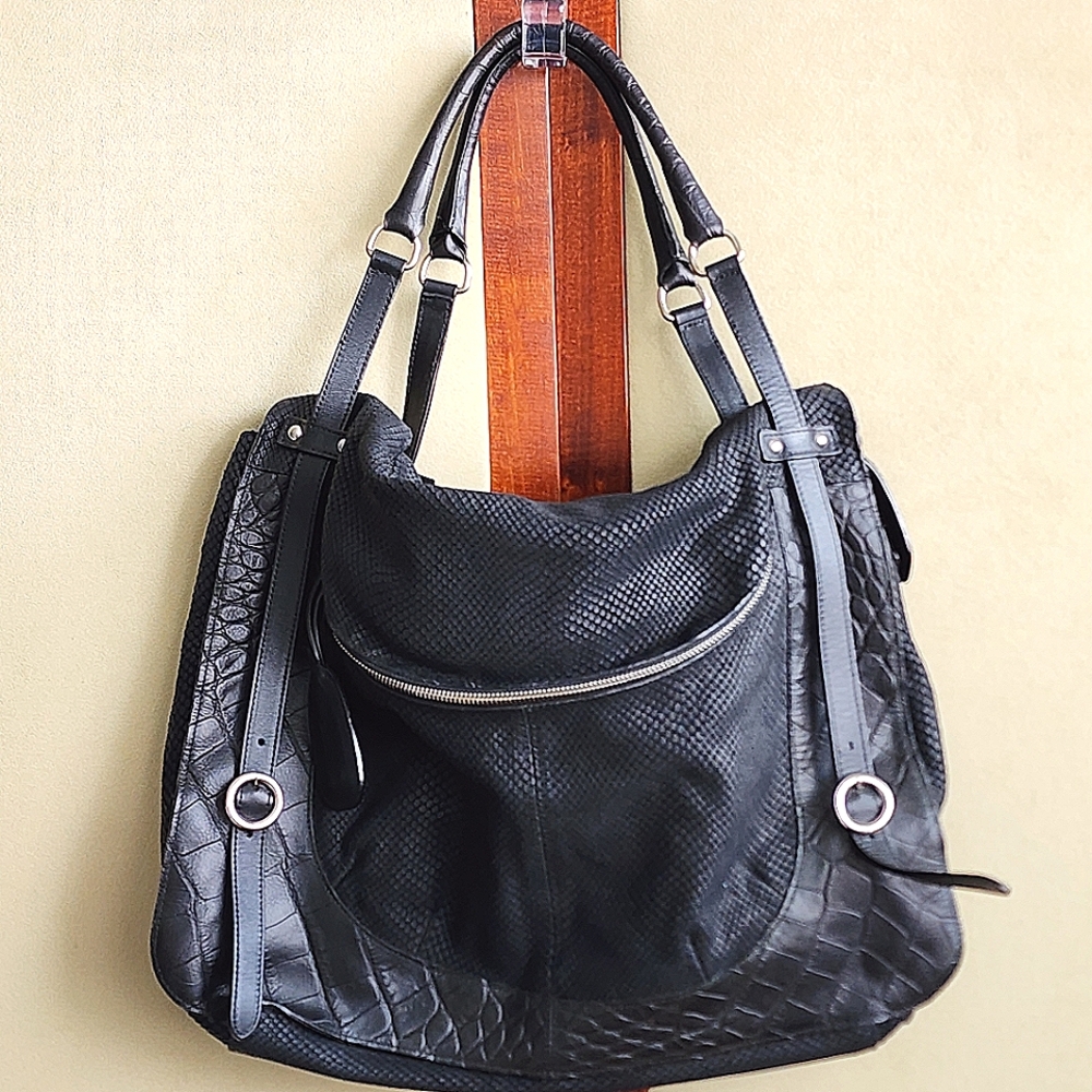 Furla Farrah Black Textured Leather Suede Hobo Satchel Bag